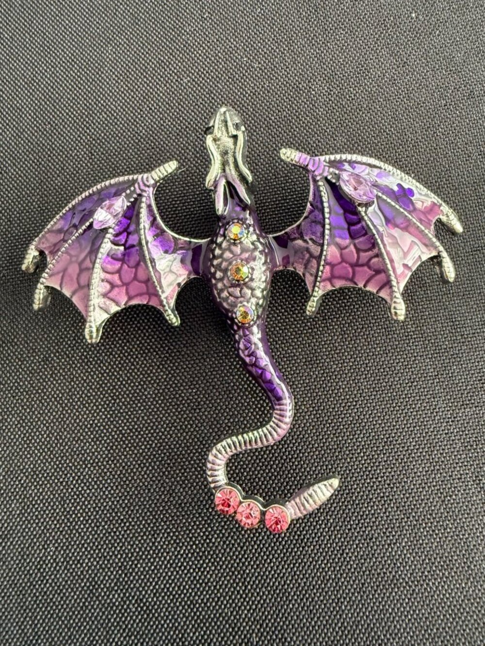 Purple Enamel Dragon Brooch – Rhinestone Fantasy Statement Pin, Silver-Tone